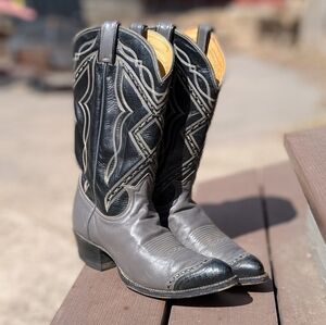 Tony Lama Vintage Western Wingtip Cowboy Boots Grey Black Gold Label Women 10.5B